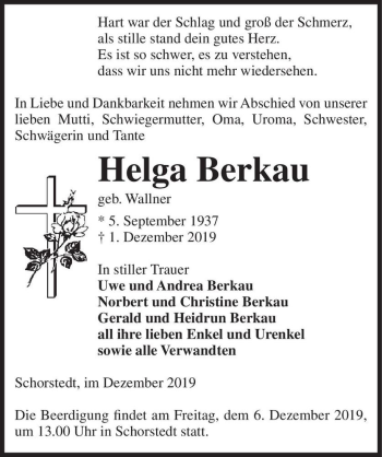 Traueranzeige von Helga Berkau (geb. Wallner)  von Magdeburger Volksstimme