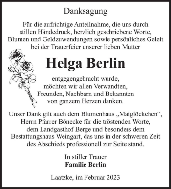 Traueranzeige von Helga Berlin  von Magdeburger Volksstimme