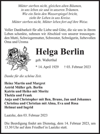 Traueranzeige von Helga Berlin (geb. Waßerthal)  von Magdeburger Volksstimme