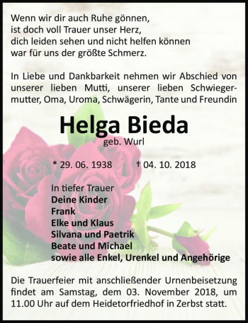 Traueranzeige von Helga Bieda (geb. Wurl)  von Magdeburger Volksstimme