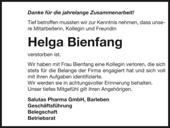 Traueranzeige von Helga Bienfang  von Magdeburger Volksstimme