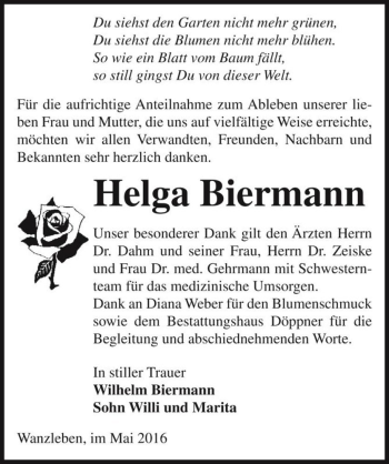 Traueranzeige von Helga Biermann  von Magdeburger Volksstimme