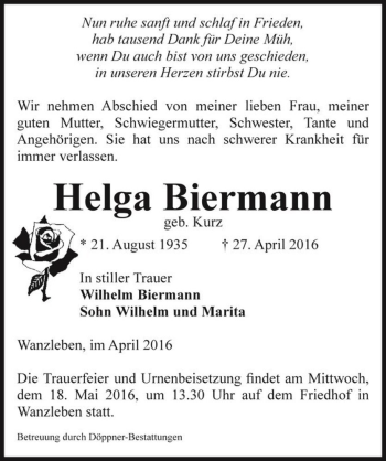 Traueranzeige von Helga Biermann (geb. Kurz)  von Magdeburger Volksstimme
