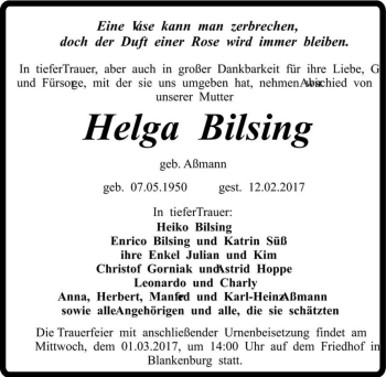 Traueranzeige von Helga Bilsing (geb. Aßmann)  von Magdeburger Volksstimme
