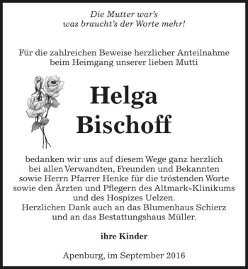 Traueranzeige von Helga Bischoff  von Magdeburger Volksstimme