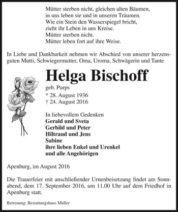 Traueranzeige von Helga Bischoff (geb. Purps)  von Magdeburger Volksstimme
