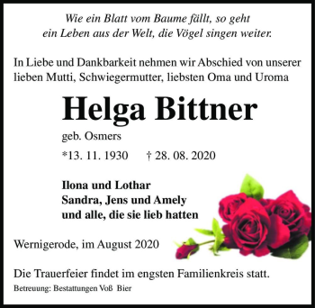 Traueranzeige von Helga Bittner (geb. Osmer)  von Magdeburger Volksstimme
