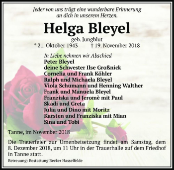 Traueranzeige von Helga Bleyel (geb. Jungblut)  von Magdeburger Volksstimme