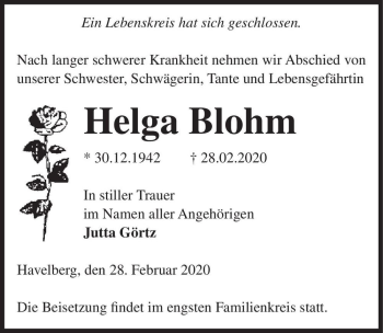 Traueranzeige von Helga Blohm  von Magdeburger Volksstimme