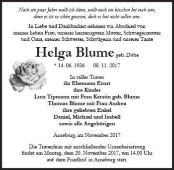 Traueranzeige von Helga Blume (geb. Dube)  von Magdeburger Volksstimme