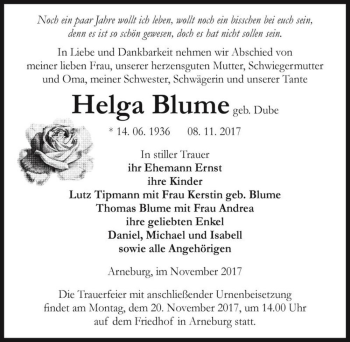 Traueranzeige von Helga Blume (geb. Dube)  von Magdeburger Volksstimme