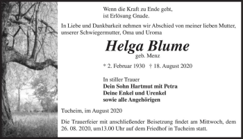Traueranzeige von Helga Blume (geb. Menz)  von Magdeburger Volksstimme