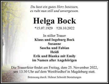 Traueranzeige von Helga Bock  von Magdeburger Volksstimme