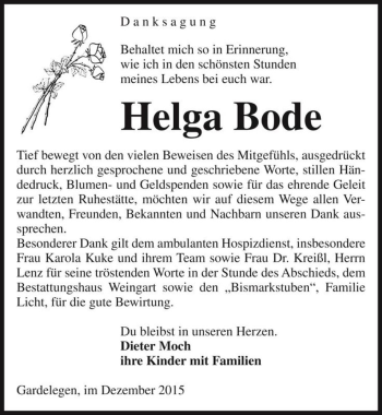 Traueranzeige von Helga Bode  von Magdeburger Volksstimme