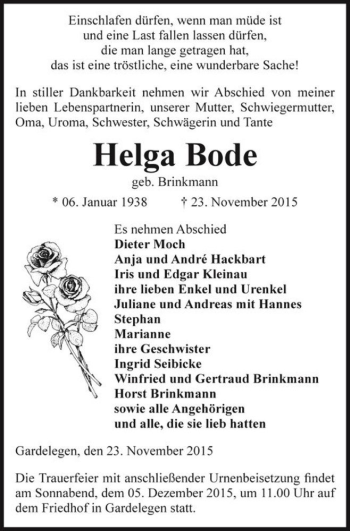 Traueranzeige von Helga Bode (geb. Brinkmann)  von Magdeburger Volksstimme