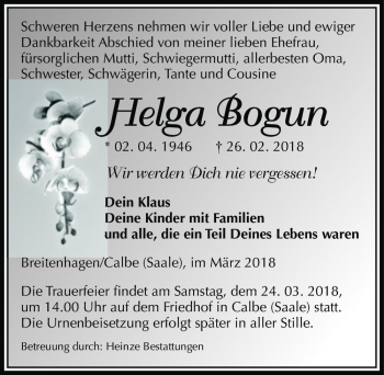 Traueranzeige von Helga Bogun  von Magdeburger Volksstimme