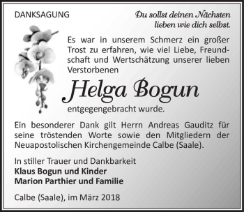Traueranzeige von Helga Bogun  von Magdeburger Volksstimme