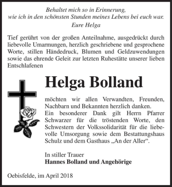 Traueranzeige von Helga Bolland  von Magdeburger Volksstimme