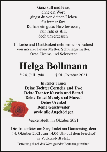 Traueranzeige von Helga Bollmann  von Magdeburger Volksstimme