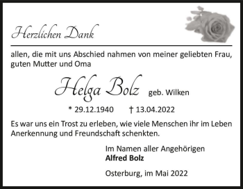 Traueranzeige von Helga Bolz (geb. Willen)  von Magdeburger Volksstimme