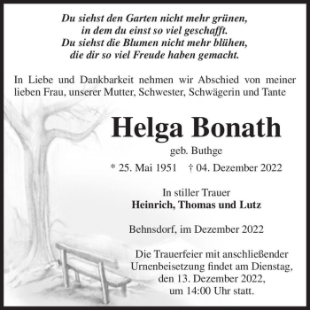 Traueranzeige von Helga Bonath (geb. Buthge)  von Magdeburger Volksstimme