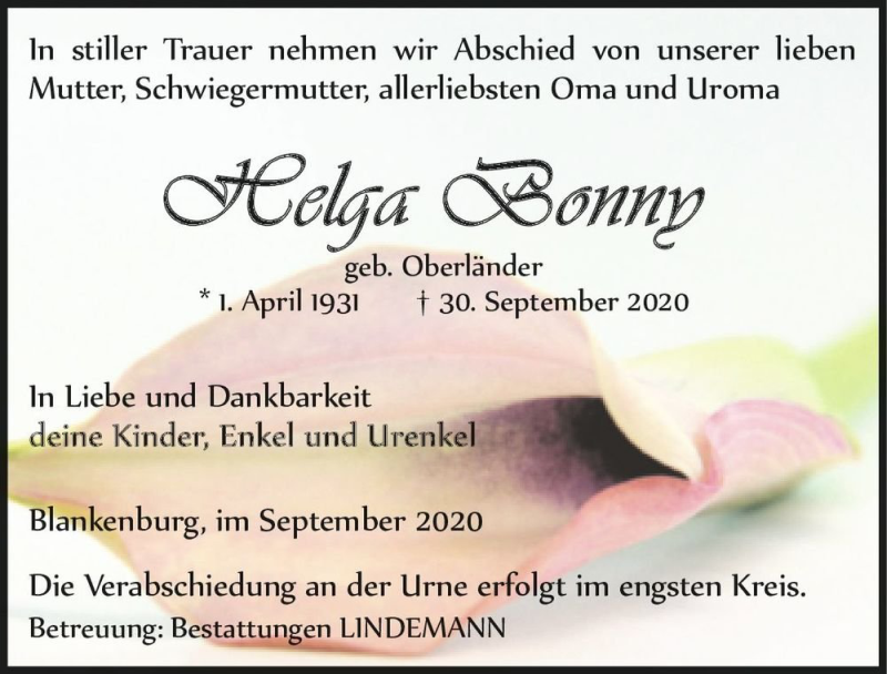  Traueranzeige für Helga Bonny (geb. Oberländer)  vom 10.10.2020 aus Magdeburger Volksstimme