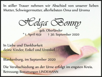 Traueranzeige von Helga Bonny (geb. Oberländer)  von Magdeburger Volksstimme