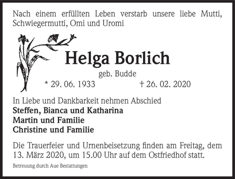  Traueranzeige für Helga Borlich (geb. Budde)  vom 07.03.2020 aus Magdeburger Volksstimme