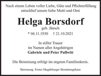 Traueranzeige von Helga Borsdorf (geb. Jänsch)  von Magdeburger Volksstimme