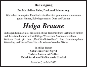 Traueranzeige von Helga Braune  von Magdeburger Volksstimme