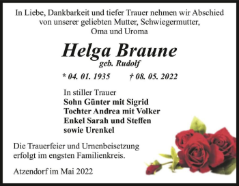 Traueranzeige von Helga Braune (geb. Rudolf)  von Magdeburger Volksstimme