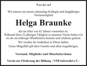 Traueranzeige von Helga Braunke  von Magdeburger Volksstimme