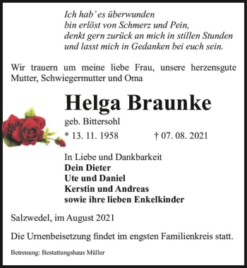 Traueranzeige von Helga Braunke (geb. Bittersohl)  von Magdeburger Volksstimme