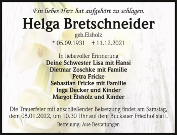Traueranzeige von Helga Bretschneider (geb. Eisholz)  von Magdeburger Volksstimme