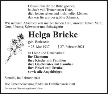 Traueranzeige von Helga Bricke (geb. Bothstede)  von Magdeburger Volksstimme