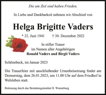 Traueranzeige von Helga Brigitte Vaders  von Magdeburger Volksstimme