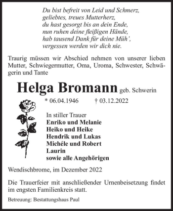 Traueranzeige von Helga Bromann (geb. Schwerin)  von Magdeburger Volksstimme