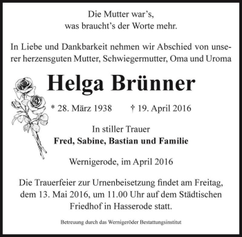 Traueranzeige von Helga Brünner  von Magdeburger Volksstimme