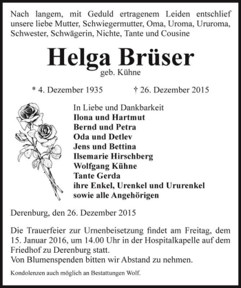 Traueranzeige von Helga Brüser (geb. Kühne)  von Magdeburger Volksstimme