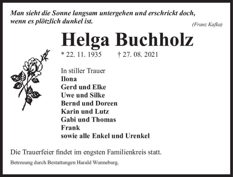  Traueranzeige für Helga Buchholz  vom 03.09.2021 aus Magdeburger Volksstimme