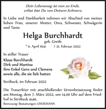 Traueranzeige von Helga Burchhardt (geb. Greife)  von Magdeburger Volksstimme