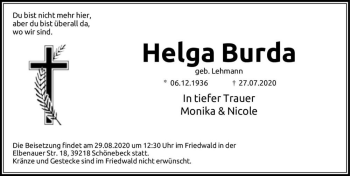 Traueranzeige von Helga Burda (geb. Lehmann)  von Magdeburger Volksstimme