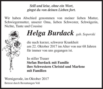 Traueranzeige von Helga Burdack (geb. Soporski)  von Magdeburger Volksstimme