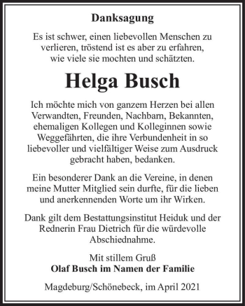Traueranzeige von Helga Busch  von Magdeburger Volksstimme