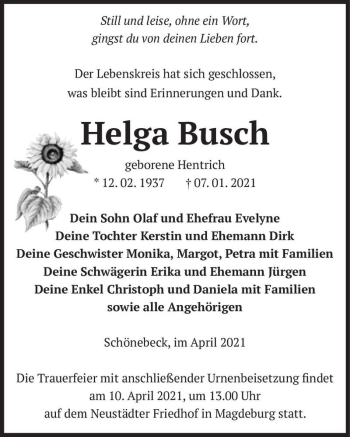 Traueranzeige von Helga Busch (geb. Hentrich)  von Magdeburger Volksstimme
