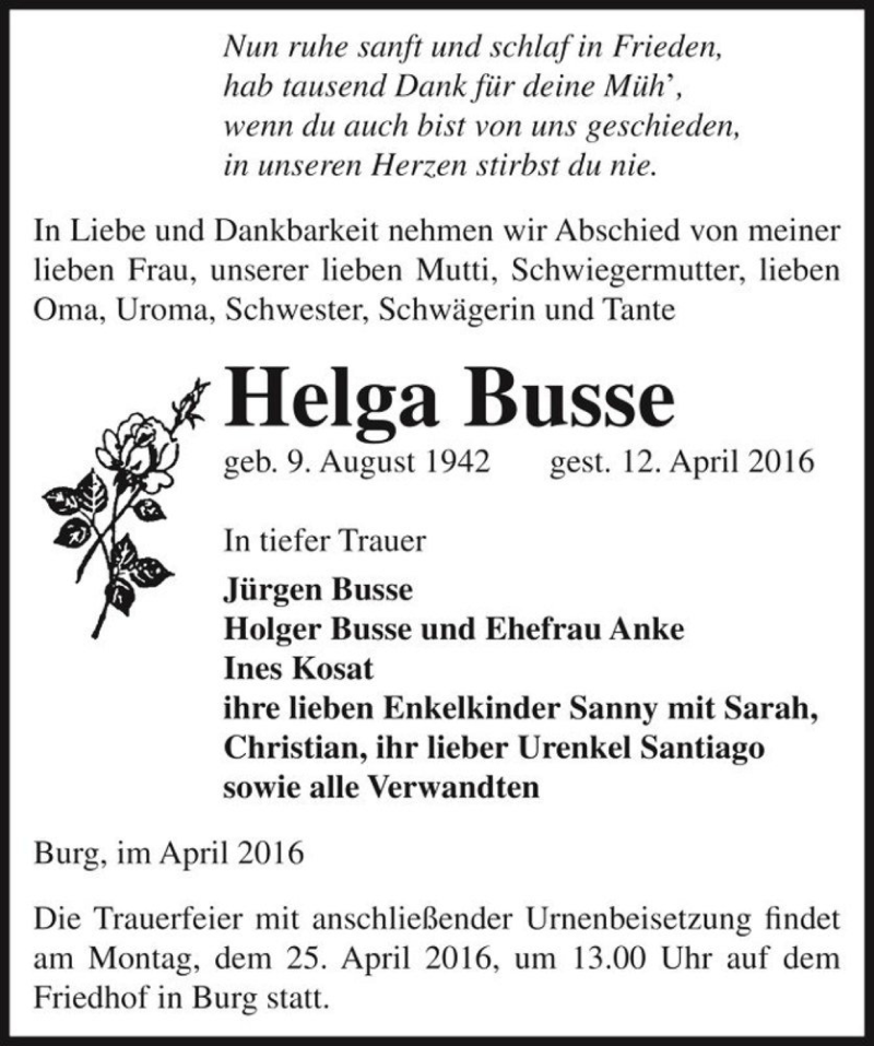  Traueranzeige für Helga Busse  vom 16.04.2016 aus Magdeburger Volksstimme
