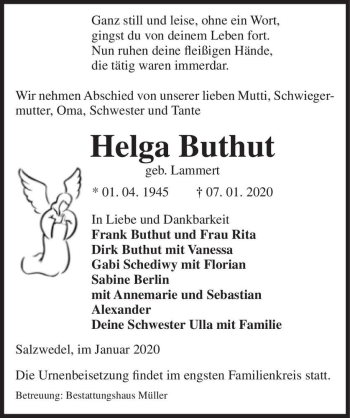Traueranzeige von Helga Buthut (geb. Lammert)  von Magdeburger Volksstimme