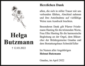 Traueranzeige von Helga Butzmann  von Magdeburger Volksstimme