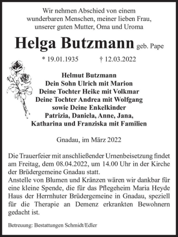 Traueranzeige von Helga Butzmann (geb. Pape)  von Magdeburger Volksstimme