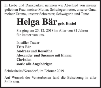 Traueranzeige von Helga Bär (geb. Kosiol)  von Magdeburger Volksstimme